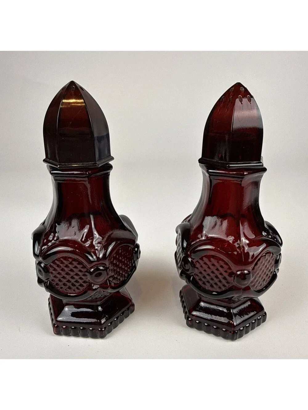 Salt Pepper Shakers Pair Avon Cape Cod  Red Glass 4.5